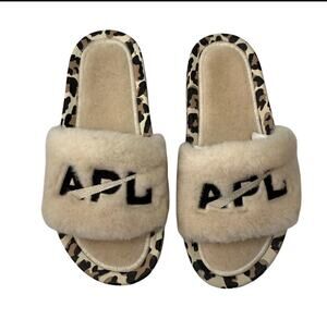 New Women’s APL shearling slides sandals parchment leaopard